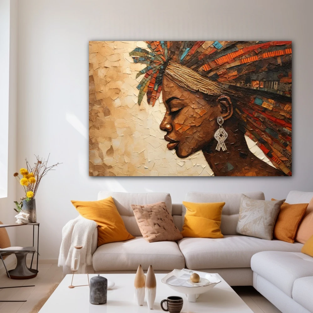 Cuadro kadiatu abegunde en formato horizontal con colores marrón, naranja, beige; decorando pared blanca