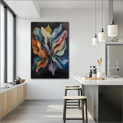 Wall Art titled: Souls in Motion in a Vertical format with: Blue, Purple, and Orange Colors; Decoration the Kitchen wall