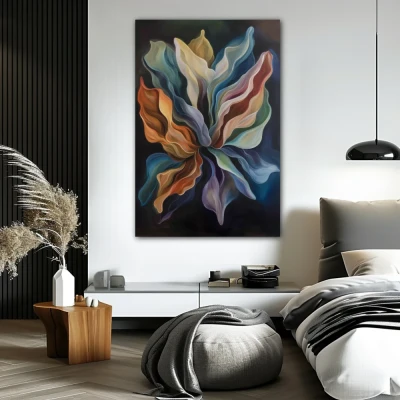 Wall Art titled: Souls in Motion in a Vertical format with: Blue, Purple, and Orange Colors; Decoration the Bedroom wall