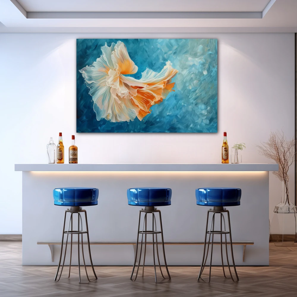 Wall Art titled: Ocean Dance in a Horizontal format with: Blue, Sky blue, and Orange Colors; Decoration the Bar wall