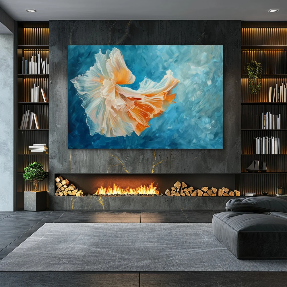 Wall Art titled: Ocean Dance in a Horizontal format with: Blue, Sky blue, and Orange Colors; Decoration the Fireplace wall