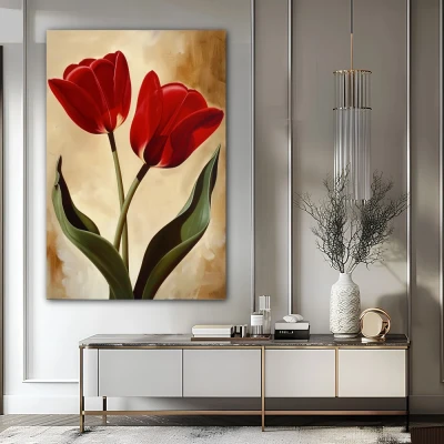 Wall Art titled: Scarlet Embraces in a Vertical format with: Brown, Red, and Green Colors; Decoration the Sideboard wall