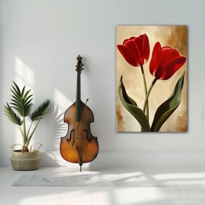 Wall Art titled: Scarlet Embraces in a Vertical format with: Brown, Red, and Green Colors; Decoration the White Wall wall