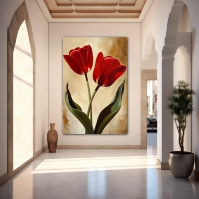 Wall Art titled: Scarlet Embraces in a  format with: Brown, Red, and Green Colors; Decoration the Entryway wall