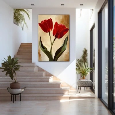 Wall Art titled: Scarlet Embraces in a Vertical format with: Brown, Red, and Green Colors; Decoration the Staircase wall