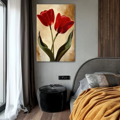 Wall Art titled: Scarlet Embraces in a  format with: Brown, Red, and Green Colors; Decoration the Bedroom wall