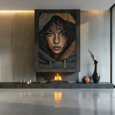 Wall Art titled: Between Shadows and Light in a  format with: Grey, and Black Colors; Decoration the Fireplace wall