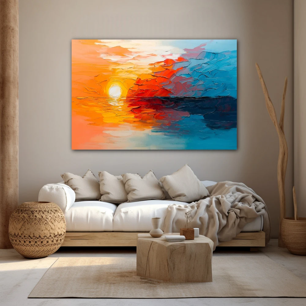 Wall Art titled: Song of the Dawn in a Horizontal format with: Sky blue, and Orange Colors; Decoration the Beige Wall wall