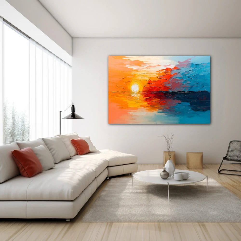 Cuadro canto del alba en formato horizontal con colores celeste, naranja; decorando pared blanca