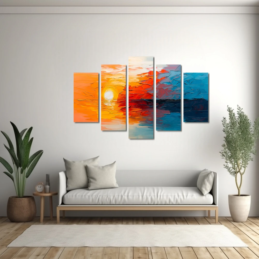 Wall Art titled: Song of the Dawn in a Horizontal format with: Sky blue, and Orange Colors; Decoration the White Wall wall