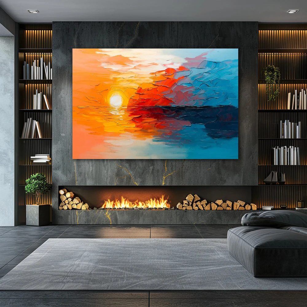 Wall Art titled: Song of the Dawn in a Horizontal format with: Sky blue, and Orange Colors; Decoration the Fireplace wall