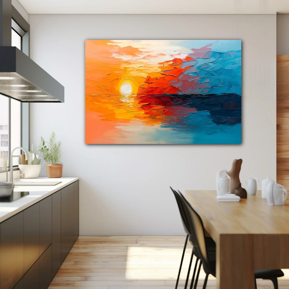 Wall Art titled: Song of the Dawn in a Horizontal format with: Sky blue, and Orange Colors; Decoration the Kitchen wall