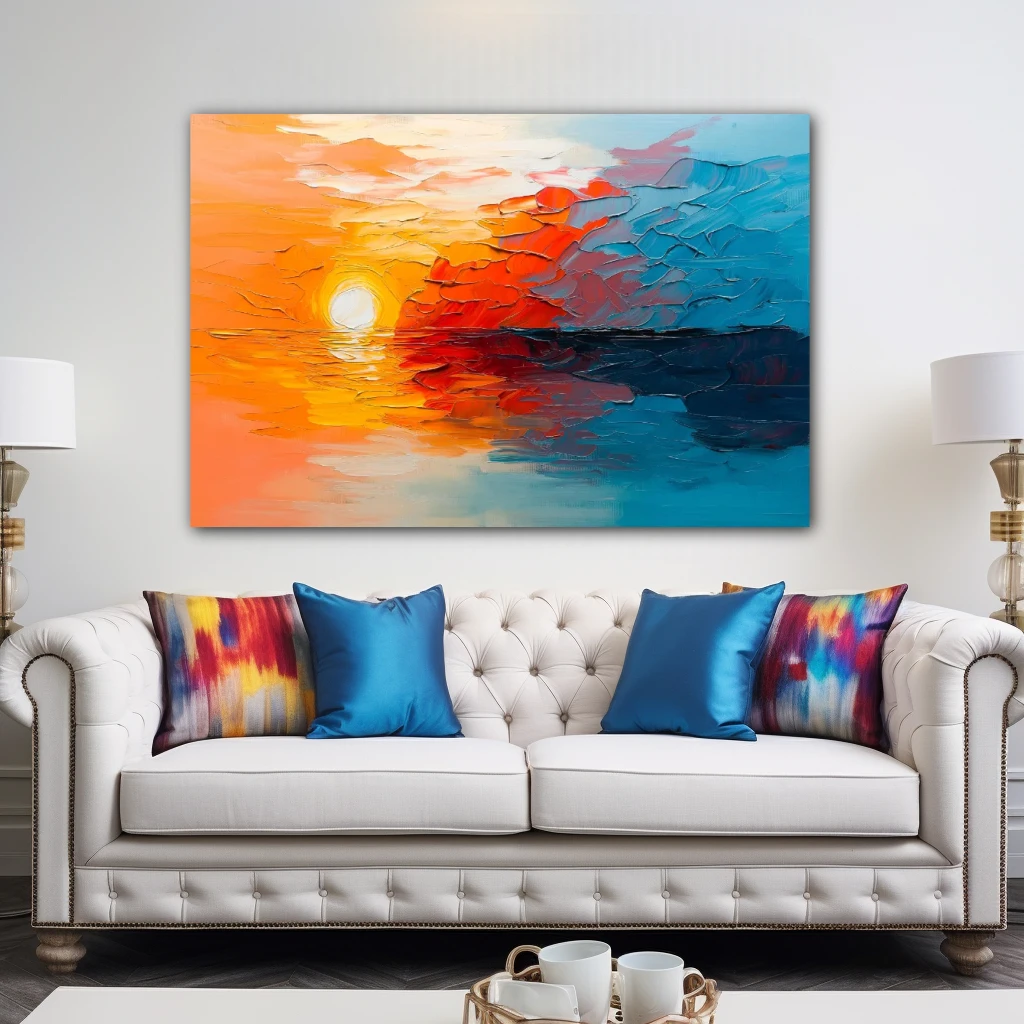 Wall Art titled: Song of the Dawn in a Horizontal format with: Sky blue, and Orange Colors; Decoration the Above Couch wall