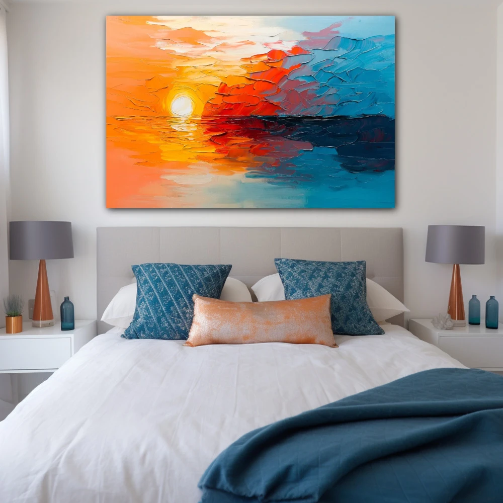 Wall Art titled: Song of the Dawn in a Horizontal format with: Sky blue, and Orange Colors; Decoration the Bedroom wall