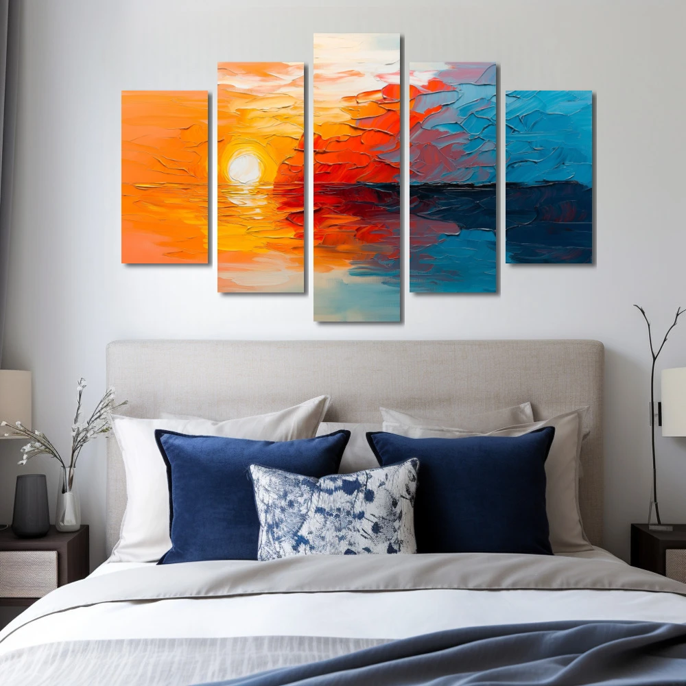 Wall Art titled: Song of the Dawn in a Horizontal format with: Sky blue, and Orange Colors; Decoration the Bedroom wall