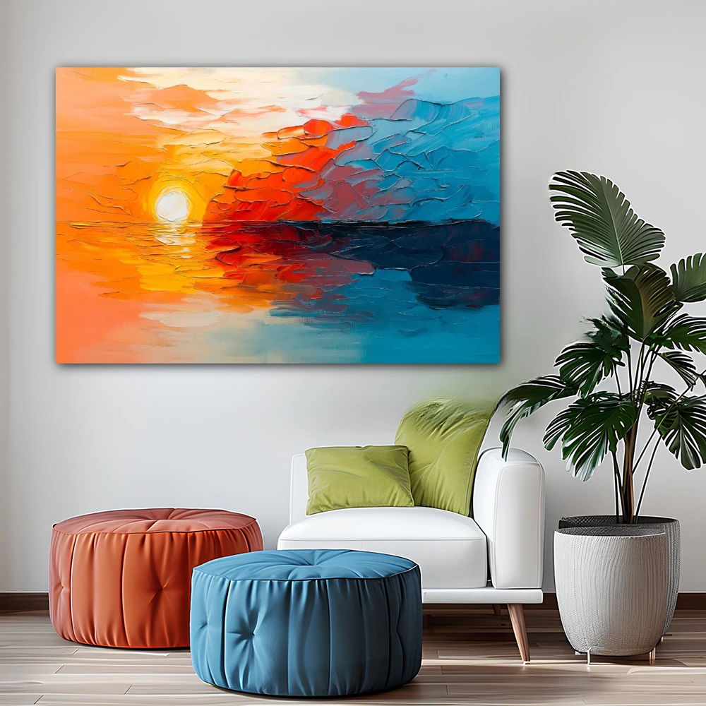 Wall Art titled: Song of the Dawn in a Horizontal format with: Sky blue, and Orange Colors; Decoration the Office wall