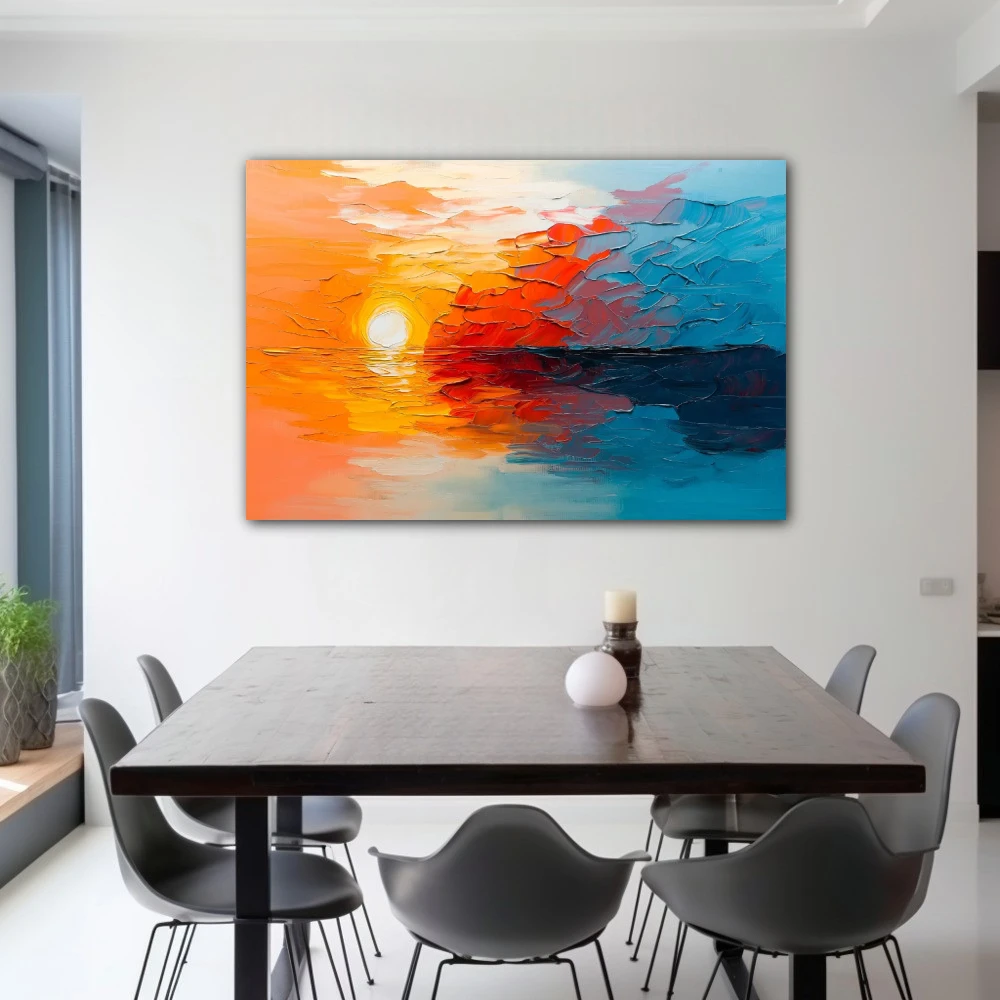 Wall Art titled: Song of the Dawn in a Horizontal format with: Sky blue, and Orange Colors; Decoration the Living Room wall