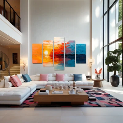 Cuadro canto del alba en formato políptico con colores celeste, naranja; decorando pared de salón comedor
