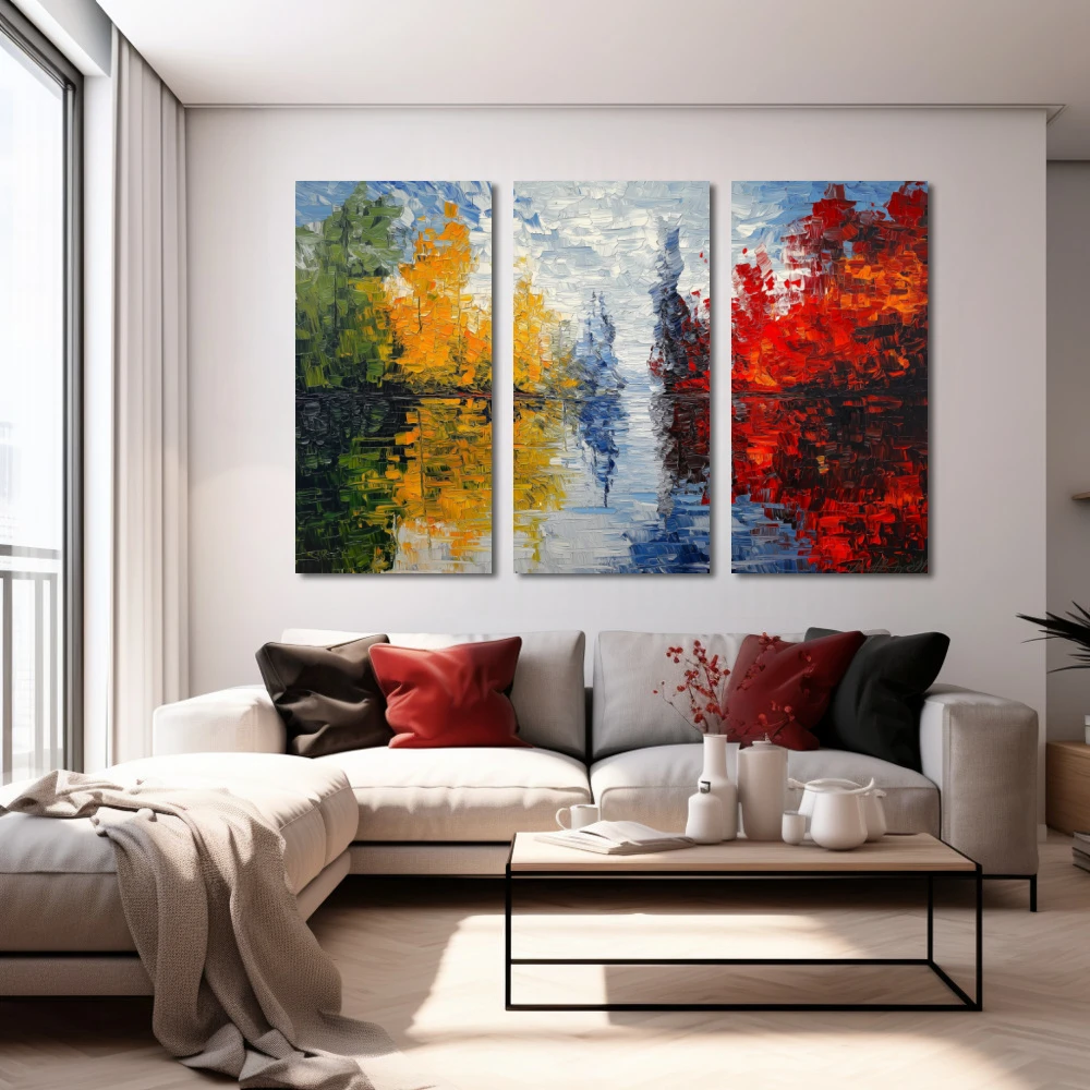 Wall Art titled: Echoes of Nature in a Horizontal format with: Blue, Red, and Green Colors; Decoration the White Wall wall