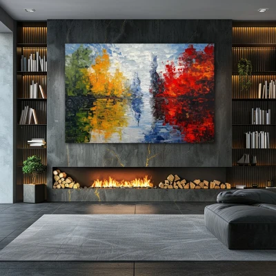 Wall Art titled: Echoes of Nature in a  format with: Blue, Red, and Green Colors; Decoration the Fireplace wall
