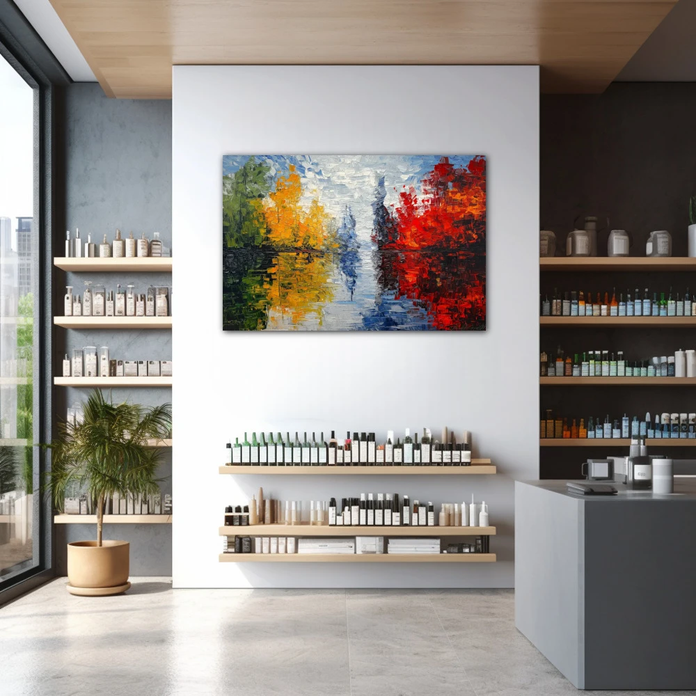 Wall Art titled: Echoes of Nature in a Horizontal format with: Blue, Red, and Green Colors; Decoration the Pharmacy wall