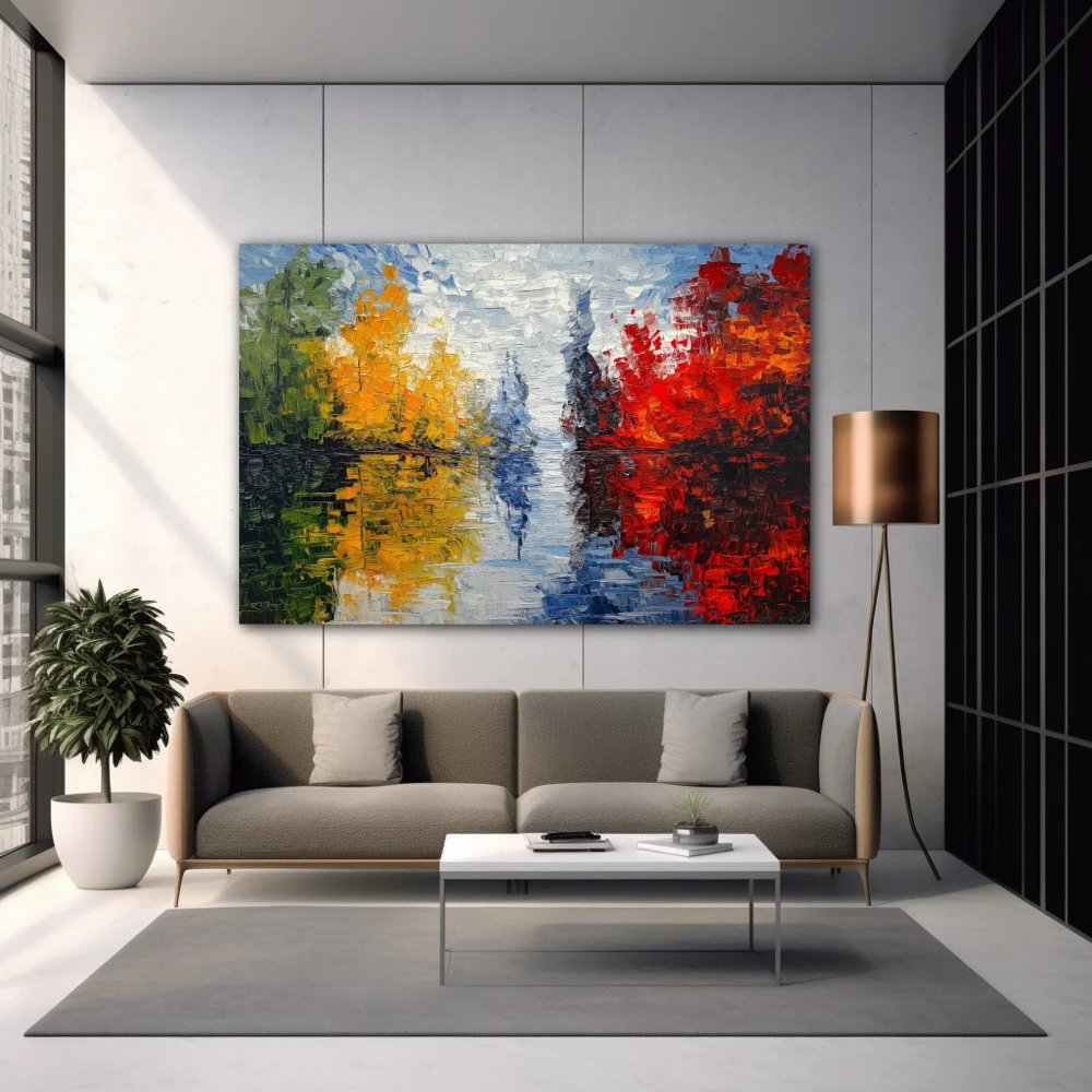 Wall Art titled: Echoes of Nature in a Horizontal format with: Blue, Red, and Green Colors; Decoration the  wall