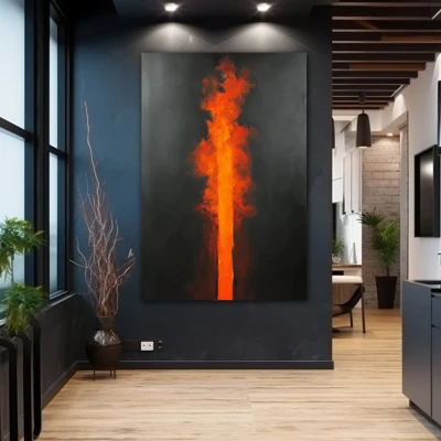Cuadro Ápice de la Pasión en formato vertical con colores Naranja, Negro, Rojo; Decorando Pared gris