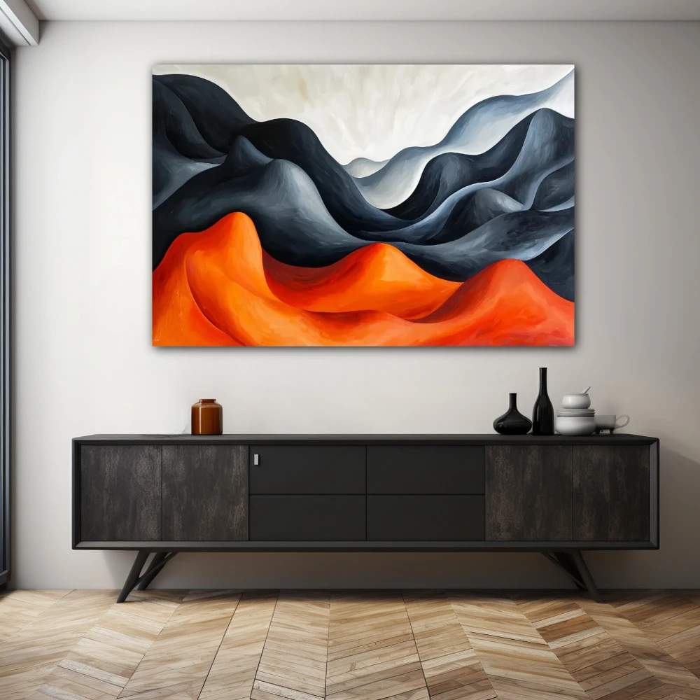 Wall Art titled: Echo Among Mountains in a Horizontal format with: Grey, and Orange Colors; Decoration the Sideboard wall