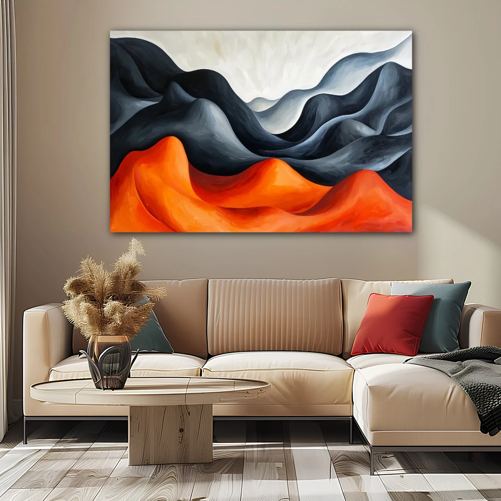 Wall Art titled: Echo Among Mountains in a Horizontal format with: Grey, and Orange Colors; Decoration the Beige Wall wall