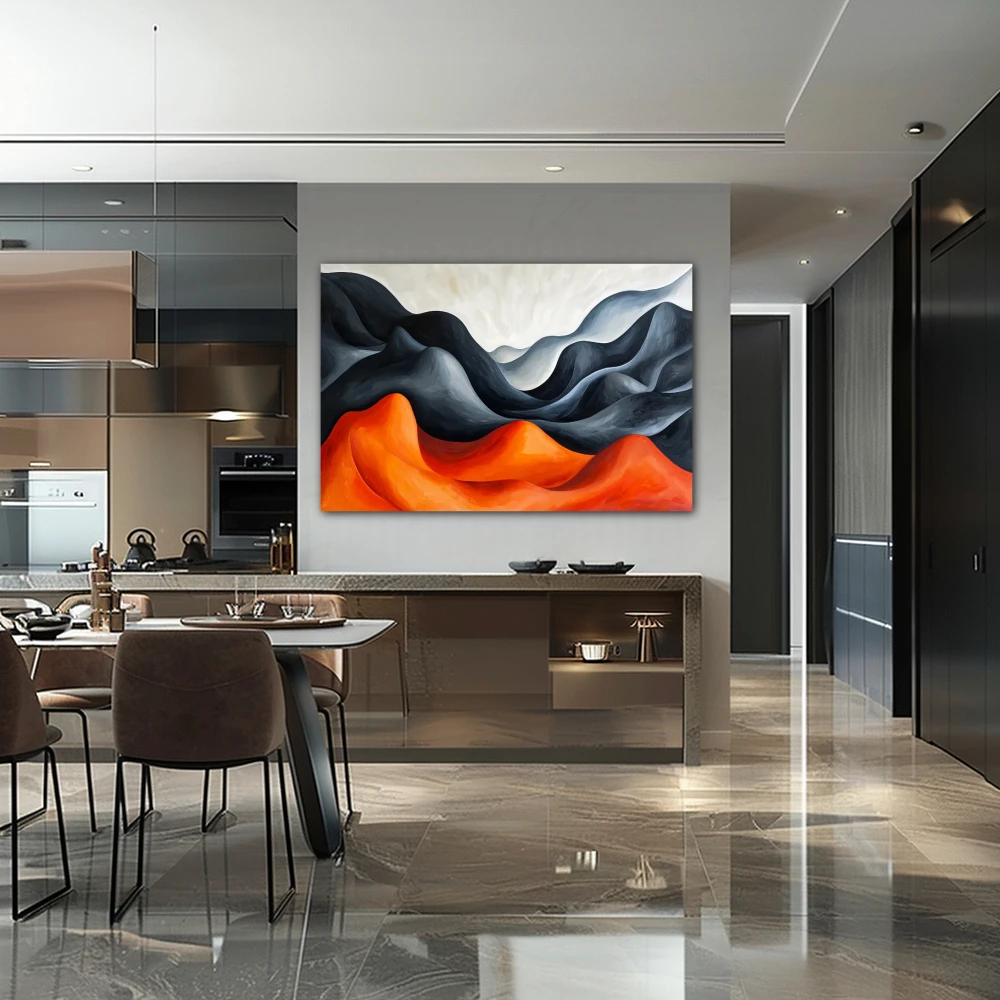 Wall Art titled: Echo Among Mountains in a Horizontal format with: Grey, and Orange Colors; Decoration the Kitchen wall