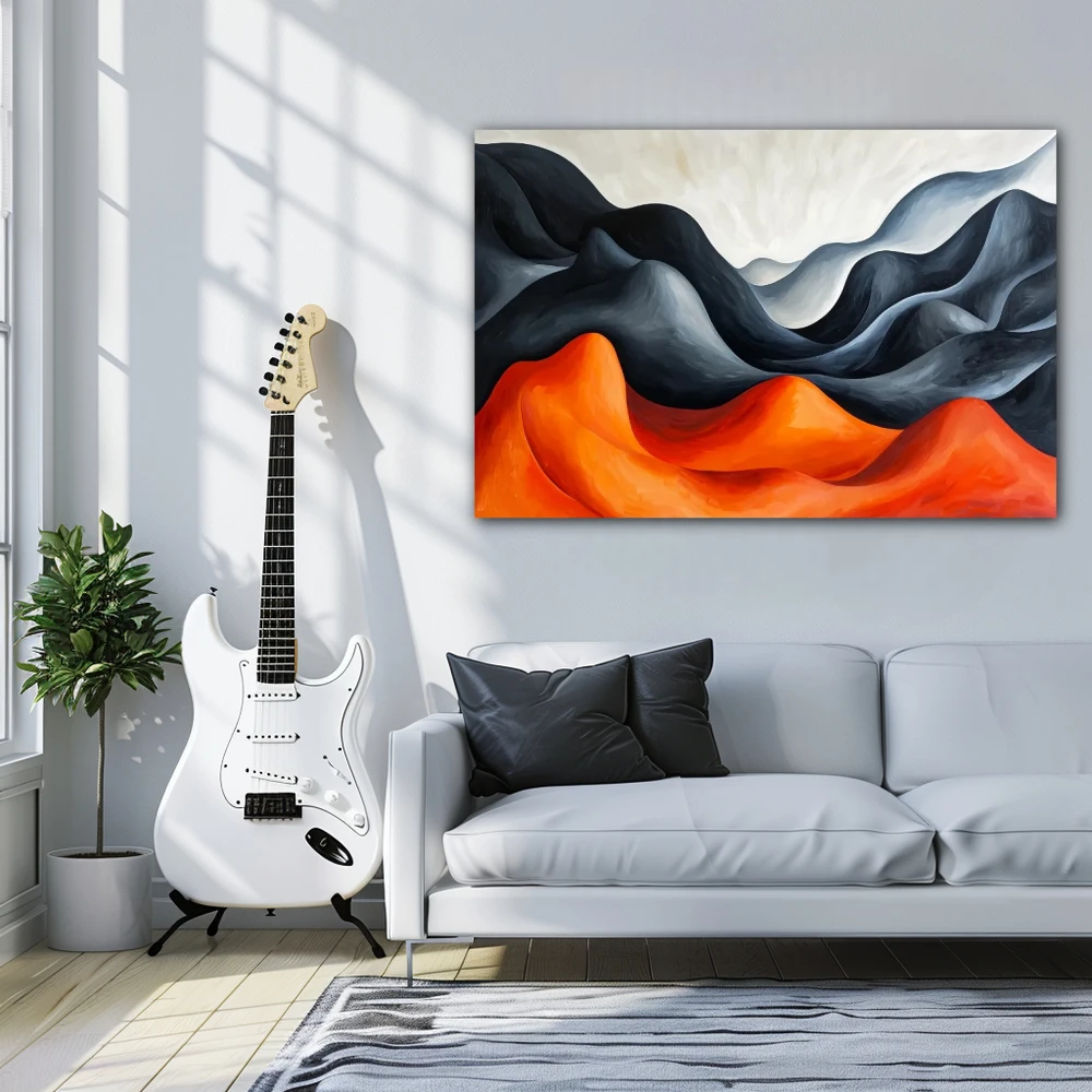 Wall Art titled: Echo Among Mountains in a Horizontal format with: Grey, and Orange Colors; Decoration the Above Couch wall