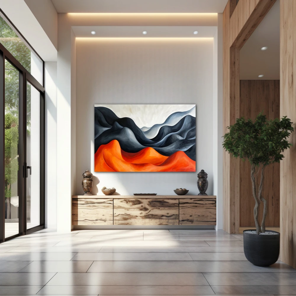 Wall Art titled: Echo Among Mountains in a Horizontal format with: Grey, and Orange Colors; Decoration the Entryway wall