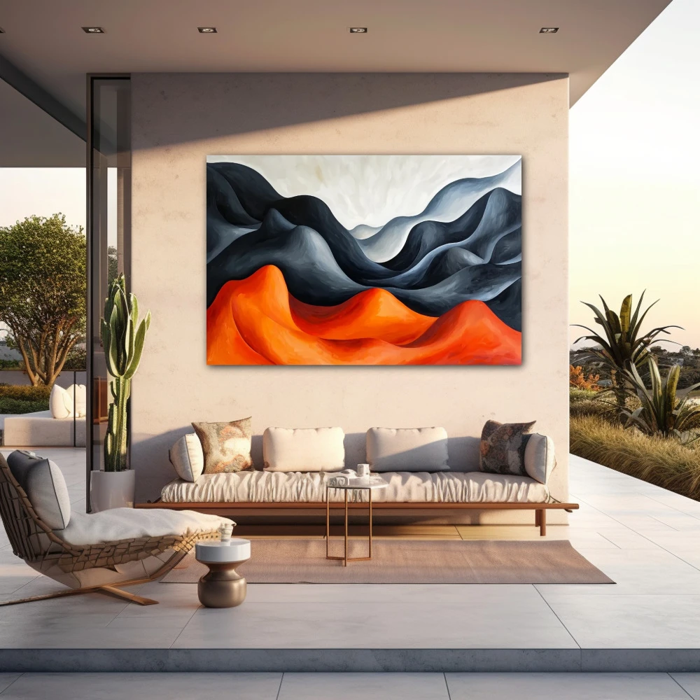 Wall Art titled: Echo Among Mountains in a Horizontal format with: Grey, and Orange Colors; Decoration the Outdoor wall