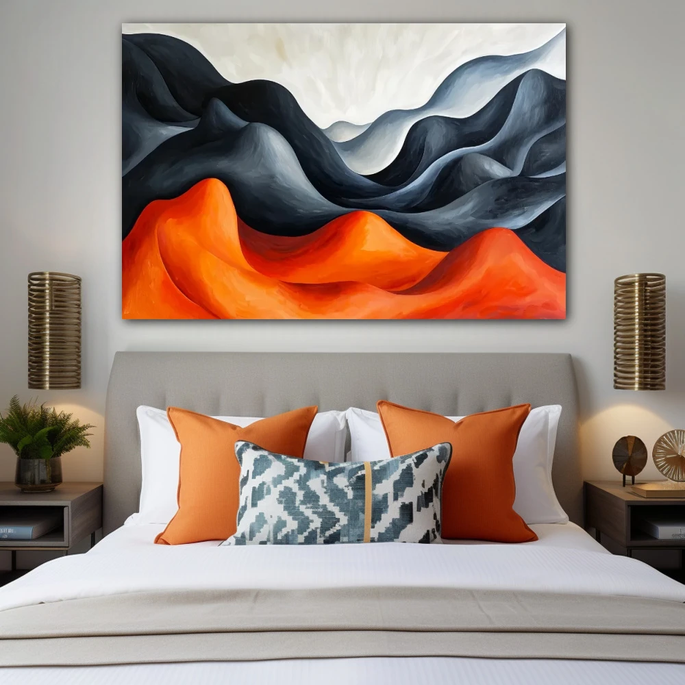 Wall Art titled: Echo Among Mountains in a Horizontal format with: Grey, and Orange Colors; Decoration the Bedroom wall