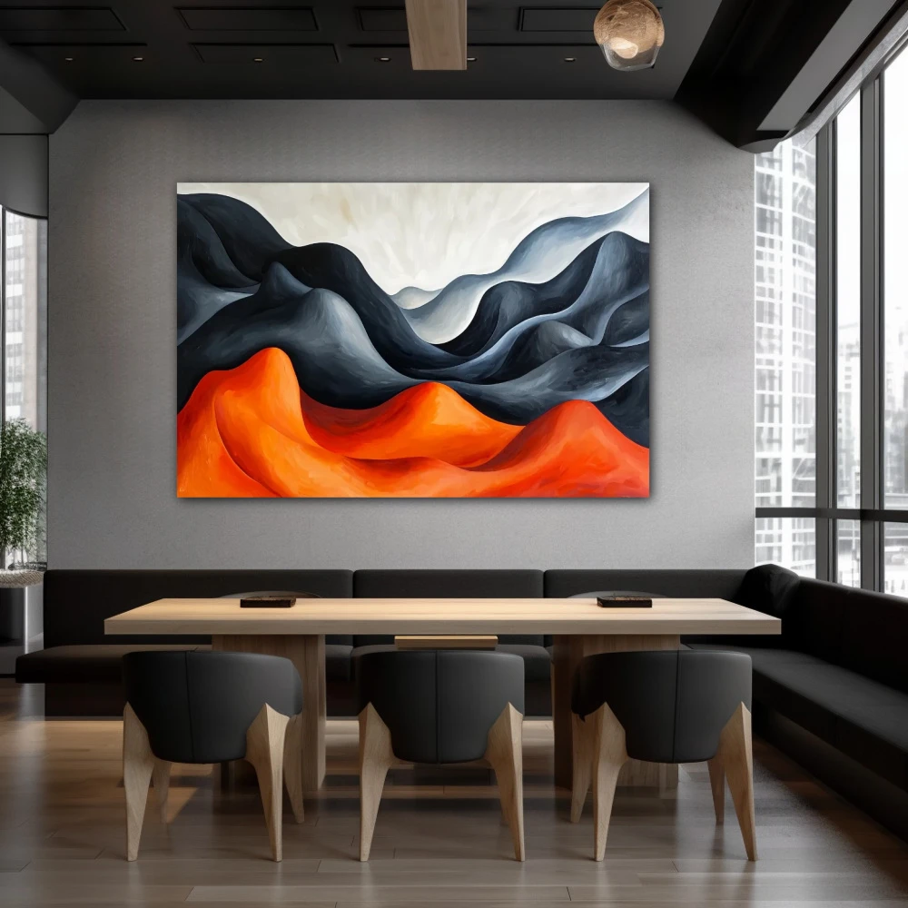 Wall Art titled: Echo Among Mountains in a Horizontal format with: Grey, and Orange Colors; Decoration the Restaurant wall