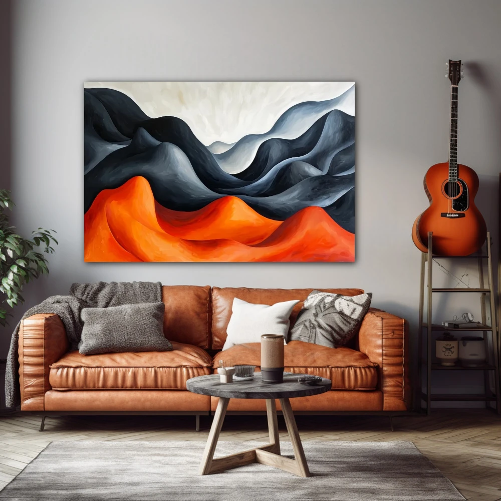 Wall Art titled: Echo Among Mountains in a Horizontal format with: Grey, and Orange Colors; Decoration the Living Room wall