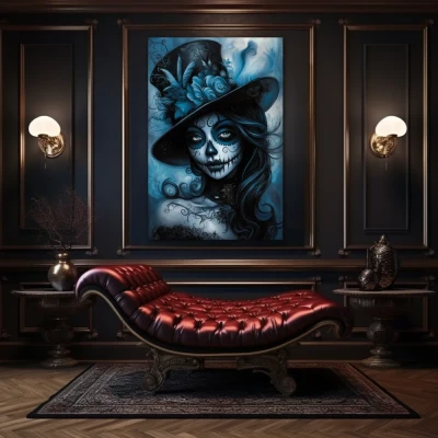 Wall Art titled: The Charm of Mystery in a Vertical format with: Blue, and Monochromatic Colors; Decoration the Above Couch wall