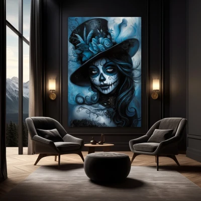 Wall Art titled: The Charm of Mystery in a Vertical format with: Blue, and Monochromatic Colors; Decoration the Black Walls wall