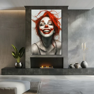 Wall Art titled: Unrestricted Happiness in a Vertical format with: white, Grey, and Red Colors; Decoration the Fireplace wall