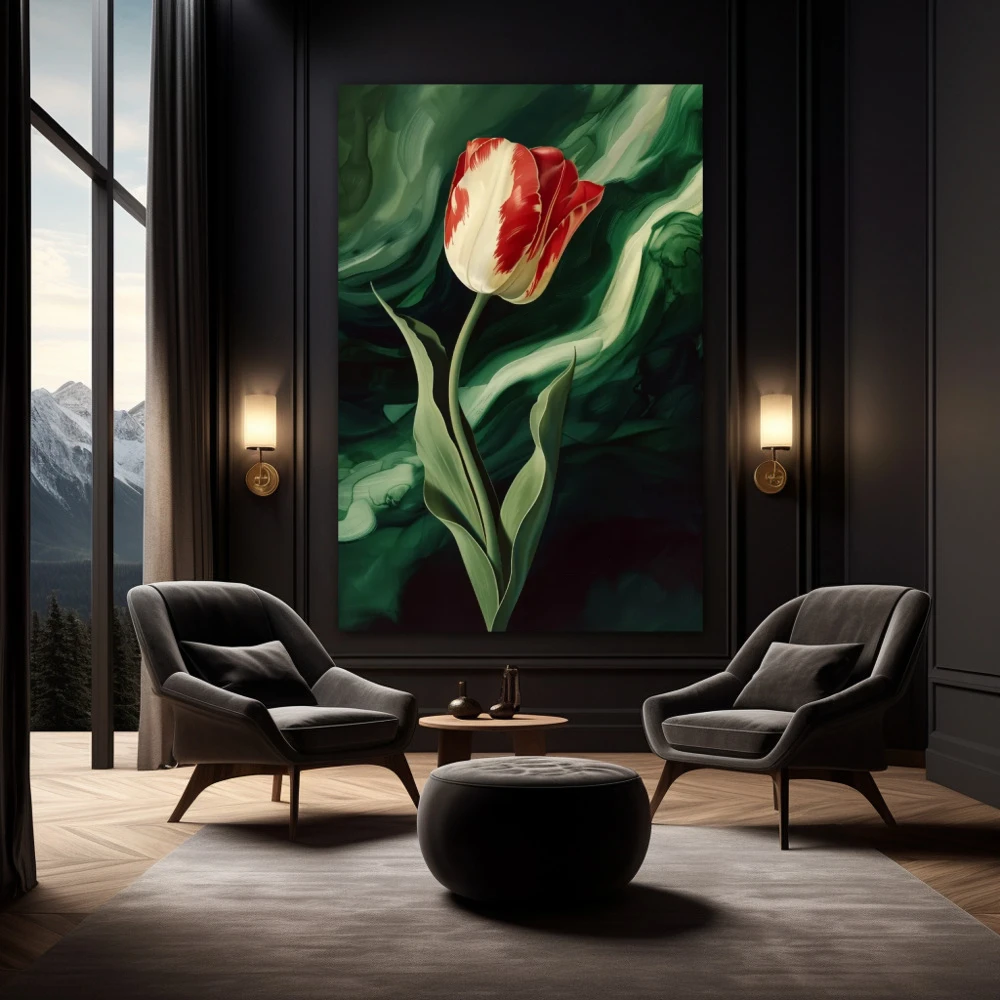 Cuadro misterio carmín en formato vertical con colores rojo, verde, vivos; decorando pared negra