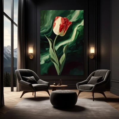 Cuadro misterio carmín en formato vertical con colores rojo, verde, vivos; decorando pared negra