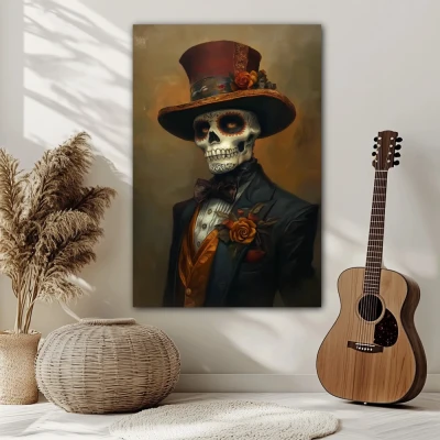 Cuadro caballero del mictlán en formato vertical con colores marrón; decorando pared blanca