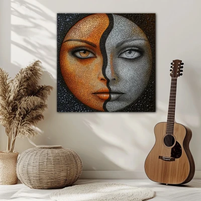 Wall Art titled: Duality of Sun and Moon in a Square format with: Golden, Grey, and Orange Colors; Decoration the White Wall wall