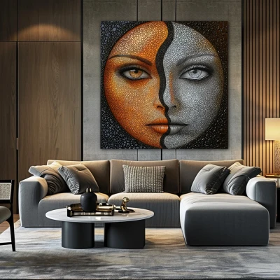 Wall Art titled: Duality of Sun and Moon in a  format with: Golden, Grey, and Orange Colors; Decoration the Above Couch wall