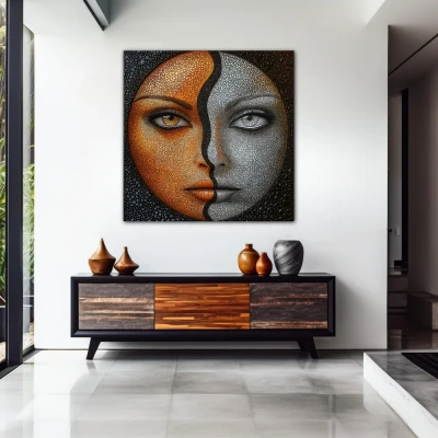 Wall Art titled: Duality of Sun and Moon in a  format with: Golden, Grey, and Orange Colors; Decoration the Entryway wall