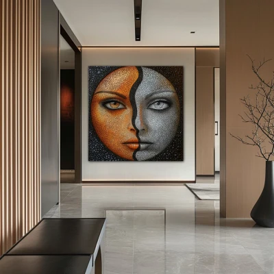 Wall Art titled: Duality of Sun and Moon in a  format with: Golden, Grey, and Orange Colors; Decoration the Hallway wall