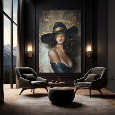 Cuadro Misterio y Glamour en formato vertical con colores Dorado; Decorando Pared negra Cuadro Misterio y Glamour en formato vertical con colores Dorado; Decorando Pared negra