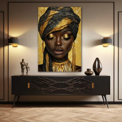 Wall Art titled: Tears of the Earth in a Vertical format with: Yellow, and Golden Colors; Decoration the Sideboard wall