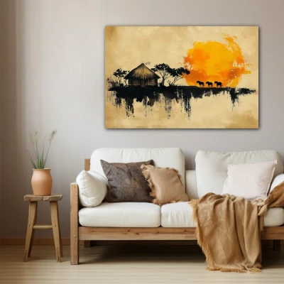 Wall Art titled: Abode of the Ancestral Sun in a Horizontal format with: Yellow, Orange, and Beige Colors; Decoration the Beige Wall wall