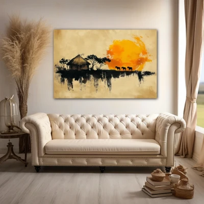 Wall Art titled: Abode of the Ancestral Sun in a Horizontal format with: Yellow, Orange, and Beige Colors; Decoration the Above Couch wall